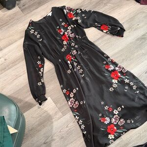 H&M Black Long-Sleeve Floral Midi Dress with Red Blooms